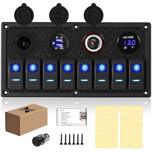 Marine Boat Rocker Switch Panel,Waterproof 8 Gang Toggle Switch Panel with Dual USB and Voltmeter Panel for RVs, Cars, Boats, Trucks,Trailers - 12-24V