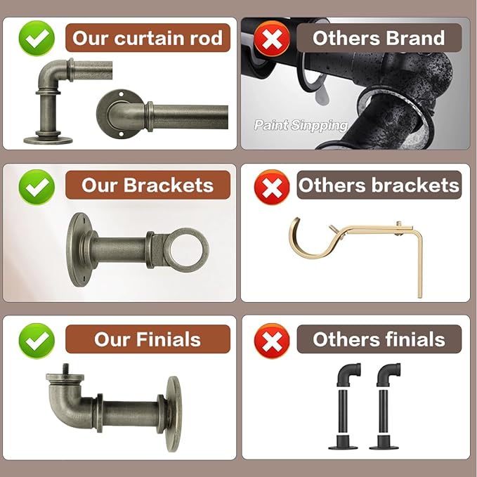 Industrial Curtain Rods for Windows 18 to 120 Inches Adjustable Length, 1 Inch Diameter, with Aluminium Finials (Antique Silver, 18” to 120”)