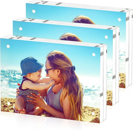 HELPLEX 3 Pack 3.5x5 Acrylic Picture Frames, 20mm Thicker Frameless Clear Frame Double Sided Magnetic Frame, Free Standing Desktop Display Stand Acrylic Frames
