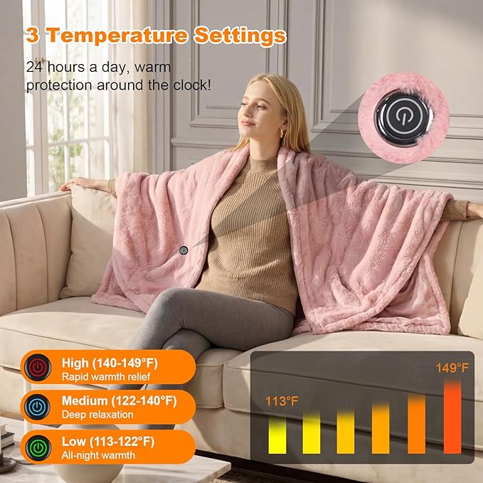 Cordless Heated Blanket Battery Operated with Fleece Lining 7.4V 16000mAh Battery Portable Wearable Heated Shawl for Women Men 6 Heating Zones 3 Fast-Heating Levels (Battery Included)