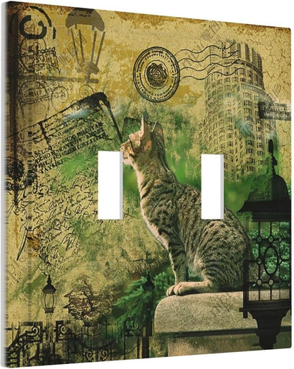 Decorative Switch Plate Covers Vintage Style Cat City Stamp 2 Gang Double Toggle Light Switch Cover Plate Electrical Wall Plate Outlet Cover for Bedroom Home Decor