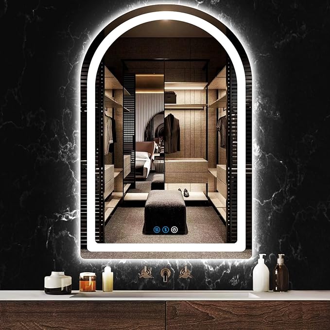 THEKLA 20 x 30 Inch LED Arched Mirror with Lights Memory 3 Color Adjustable Brightness Frontlight Arch Lighted Vanity Mirror for Bathroom Wall TableTop AntiFog 30" Bathroom Smart Arch Light up Mirrors