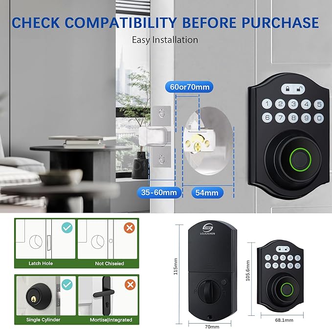 Smart Fingerprint Door Lock, Keyless Entry Deadbolt with Electronic Keypad, Bluetooth App Control, One Time Code, IP65 Weatherproof, for Front Door/Home/Office (Matte Black)