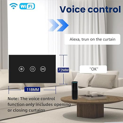 Smart Curtain Switch Neutral Wire Required, 2.4GHz WiFi Dimmer Light Switch with Remote Voice Control, Tempered Glass Panel, Compatible with Alexa and Google Home, Black WiFi Curtain