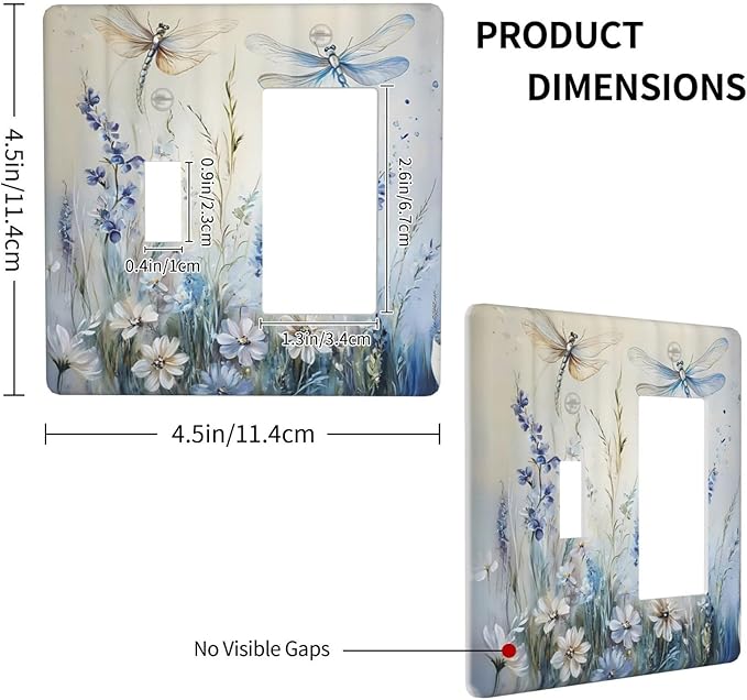 Decorative Outlet Covers Watercolor Dragonfly Blue Wihte Flower 2 Gang Light Switch Cover Plate Single Toggle 1 Rocker Wall Plates for Electrical Outlets Switch Plate Covers for Bedroom Decor