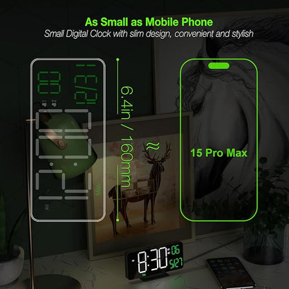 KOSUMOSU Digital Clock for Bedroom, 6.7in Black Alarm Clocks for Bedrooms,Auto Dimming, Date, Day of Week, Indoor Temperature,Digital Alarm Clock,Clocks for Living Room