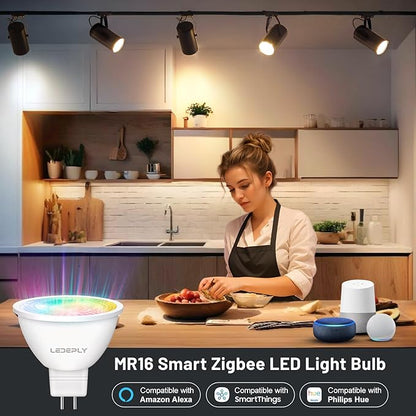 Zigbee MR16 LED Smart Bulb, Hub Required, Compatible with Phi*Lip*s Hu*e*, Alexa, Google, & ConBee, 5W =50W, GU5.3, Dimmable, AC/DC 12V, Color Changing & Tunable White, 2-Pack