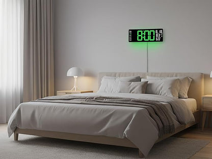 17.5 Inch Green LED Digital Wall Clock with 8 Ambient Light Colors｜Displays Time,Date,Day,Temperature&Humidity,Dual Alarms,Countdown&Stopwatch,DST,10-Level Auto/Manual Brightness｜Modern Silent Clock