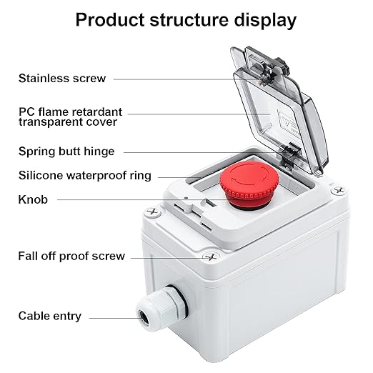 IP67 Button Switch Outdoor Waterproof Box Red Button Emergency Stop with Protective Cover Anti-misoperation Switch(AC/DC 6A-110V/3A-240V/2.5A-380V)