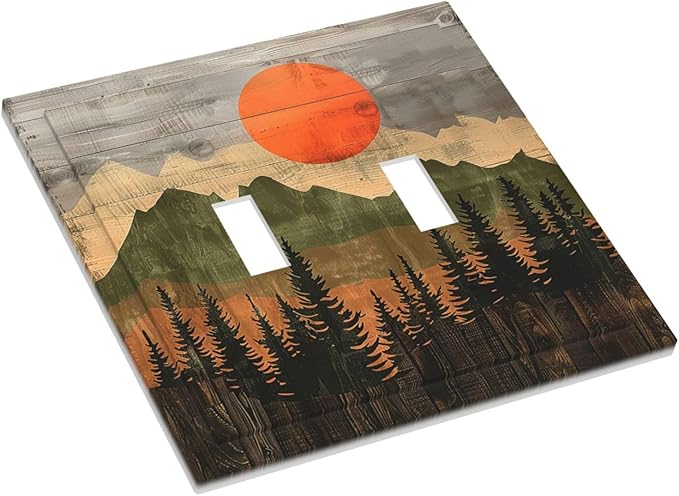 Decorative Switch Plates Vintage Wood Grain Sun Forest Mountains 2 Gang Double Toggle Outlet Light Switch Cover Wall Plate Electrical Faceplate for Farmhouse Cabin Decor