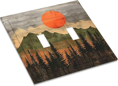 Decorative Switch Plates Vintage Wood Grain Sun Forest Mountains 2 Gang Double Toggle Outlet Light Switch Cover Wall Plate Electrical Faceplate for Farmhouse Cabin Decor