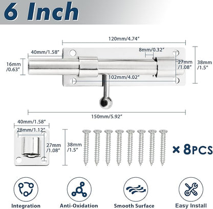 Alise 6 inch Barrel Bolt Latch,Slide Bolt Latch,Heavy Duty Solid SUS304 Stainless Steel Slide Lock for Wooden Fence,Barn Door,Interior or Outdoor Door Chrome MS8000