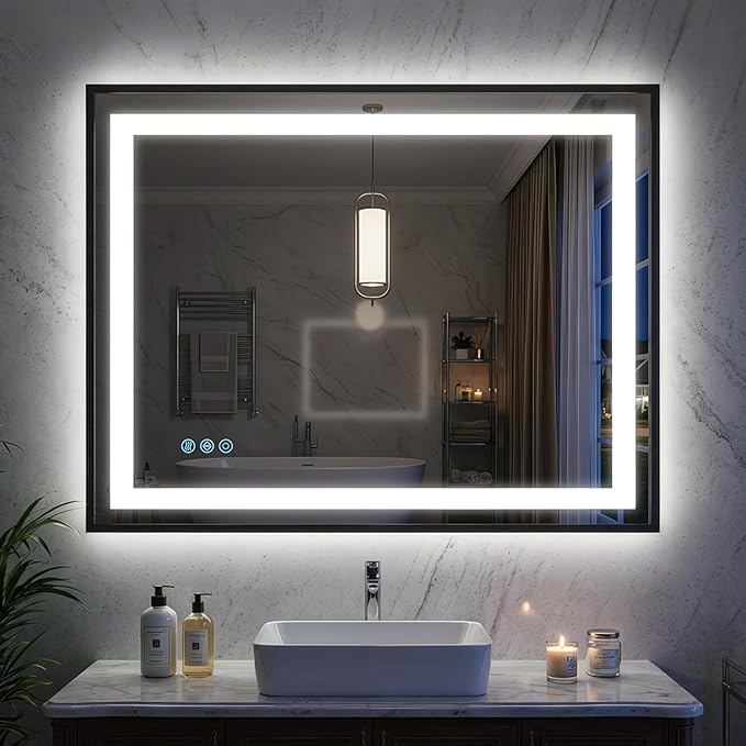 Antok 30X36 LED Bathroom Mirror with Lights, Vanity Mirror for Wall with Black Frame, Touch Control, Anti-Fog, Dimmable Lights, Shatter-Proof, Memory Function, Wall-Mounted Vanity Mirrors