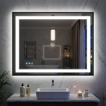 Antok 30X36 LED Bathroom Mirror with Lights, Vanity Mirror for Wall with Black Frame, Touch Control, Anti-Fog, Dimmable Lights, Shatter-Proof, Memory Function, Wall-Mounted Vanity Mirrors