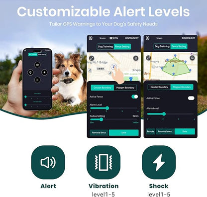 GPS Dog Electronic Fence, Wireless Training Collar- No Subscription Required, Customizable Boundaries via App 3280 FT, IPX7 Waterproof Rechargeable Collar, Smart Training Fence, Automatic Sleep/Wake