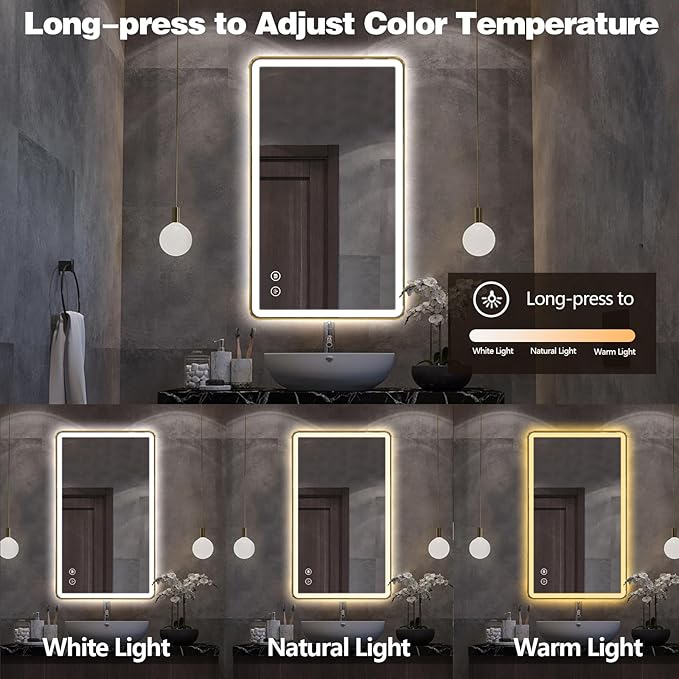 Niccy LED Bathroom Mirror, 40"x24" Rectangle Wall Mounted Vanity Mirrors with Metal Frame, Anti Fog Dimmable Smart Mirror for Bathroom/Bedroom/Livingroom/Entryway, (Horizontal or Vertical),Gold
