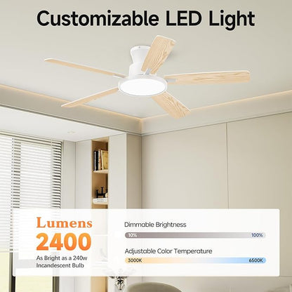 Ceiling Fans With Lights,52 Inch Smart Ceiling Fan, Remote/App Control, Compatible with Alexa/Google Assistant,Reversible,Dimmable,Adjustable Color Temperature,6 Speeds,Timer(White)