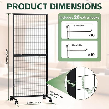 3 Pack Grid Wall Panel Rack, 3x6 Ft Metal Gridwall Display Stand with T-Base Wheels, Heavy-Duty Mobile Freestanding Racks with 20 Grid Hooks, for Retail Store, Craft Show, Boutique, Black
