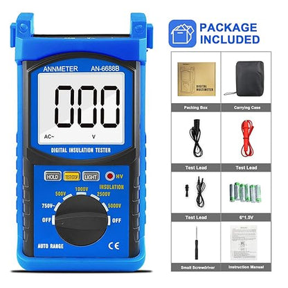 Digital Insulation Resistance Tester, AIMOEST Megohmmeter 200GΩ Meg Ohmmeter, 500V/1000V/2500V/5kV Test Voltage, Auto Ranging Mega Ohm Meter AC Voltmeter AI-6688B with Over-Range Indicator