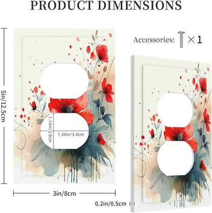 Vintage Floral Red Watercolor Modern Outlet Covers 1 Gang Duplex Light Switch Cover Wall Plate Decorative Switch Plates Electrical Receptacle Faceplate for Bedroom Bathroom Decor