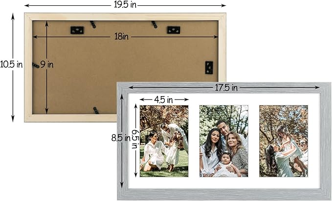 Golden State Art, 9x18 Grey Wood Frame - White Mat for Three 5x7 Pictures - Sawtooth Hangers - Swivel Tabs - Wall Mounting - Landscape/Portrait - Real Glass - Collage Frame
