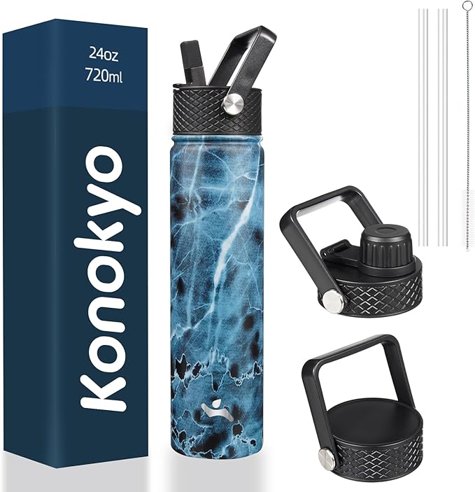 Insulated Water Bottle 24oz Stainless Steel Sport Bottles with 3 Lids,Marble Ocean