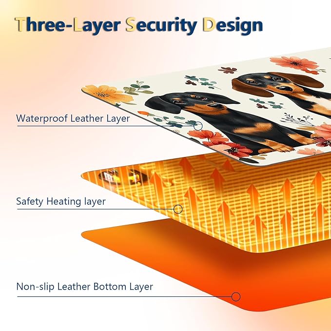Heated Mouse Pad with 3 Temperature Settings(104°F–122°F),Large 24x14.2 Inch PU Leather Heated Desk Mat,Waterproof Warming Pad for Office,Gaming & Cold Hands Relief,Dogs and Flowers