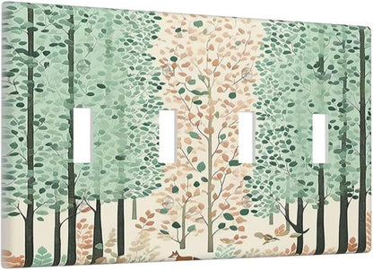 Boho Wildflower Forest Woodland Animals Light Switch Covers Quad Toggle 4 Gang Wall Plate Decorative Switch Plates Electrical Faceplate for Bedroom Bathroom Decor