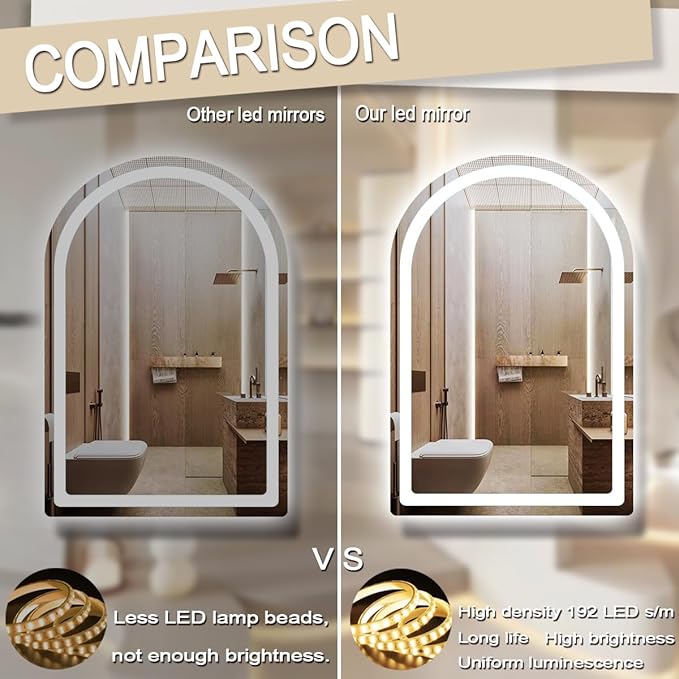 THEKLA 24 x 36 Inch Arched LED Bathroom Mirror with Light Arch LED Mirror for Bathroom Wall Mounted 36in Arched Lighted Mirror AntiFog Dimmable 3 Color Bathroom Smart LED Light up Vanity Arched Mirror