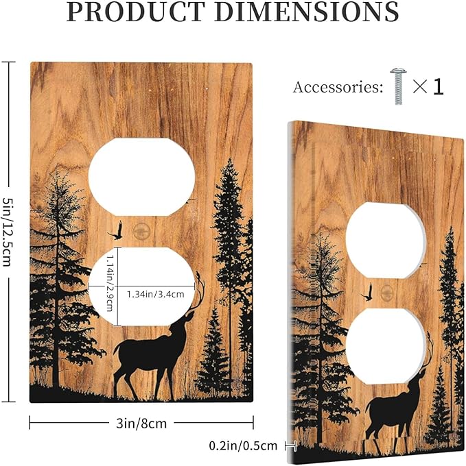 Outlet Covers Rustic Farmhouse Orange Brown Pine Tree Deer Wood Grain 1 Gang Duplex Wall Plate Decorative Switch Plates Electrical Receptacle Faceplate Light Switch Cover for living Room