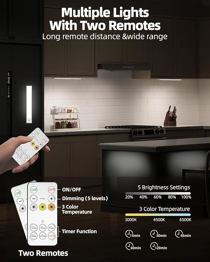 4Pack 12inch Under Cabinet Lighting, Rechargeable Motion Sensor Light Wireless Indoor, Dimmable 3 Color Temps Closet Lights with Remote, Indoor Under Counter LED Lights for Kitchen, Stairs