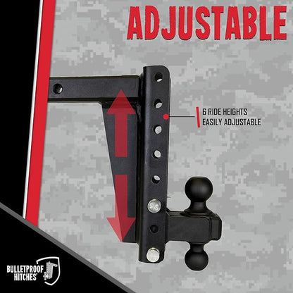 BulletProof Hitches - 2.0" Adjustable Heavy Duty Trailer Hitch (22,000 lb. Rating) - 10" Drop/Rise Trailer Hitch with 2" & 2-5/16" Dual Ball - Powder Coat, Solid Steel, Corrosion-Resistant