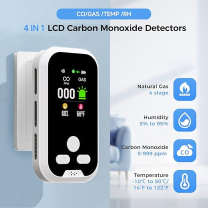 4-in-1 Carbon Monoxide & Natural Gas Detector, Plug-in CO and Gas Alarm with Battery Backup, Digital Display for CO, Gas, Temperature & Humidity, Home & RV Safety Device