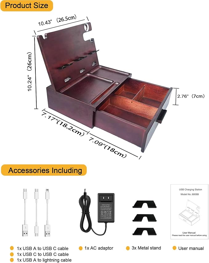 Wood Phone Docking Station with Drawer Nightstand Organizer Charging Station with 4 USB Charger Fast Charging for Dual Phone Apple Android Phones Anniversary Birthday Gifts for Men Dad Hunsband Mom