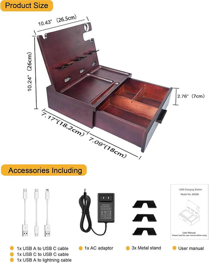 Wood Phone Docking Station with Drawer Nightstand Organizer Charging Station with 4 USB Charger Fast Charging for Dual Phone Apple Android Phones Anniversary Birthday Gifts for Men Dad Hunsband Mom