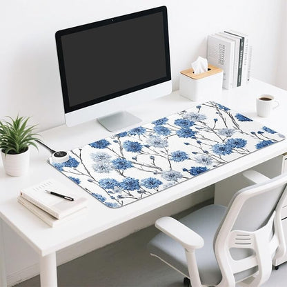 Heated Desk Pad Mouse Pad 31.5x13 Inch PU Leather Desk Mat with 3 Heat Levels Large Mouse Gaming Computer Laptop Mat Washable Chinese Style Cornflower