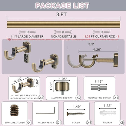 Heavy Duty Curtain Rods - 1 1/4" Large Diameter Premium Nonadjustable Curtain Rod - 36in/3ft Custom Window Treatment Rods with Durable Aluminum Brackets and End Caps,Antique Bronze Finish