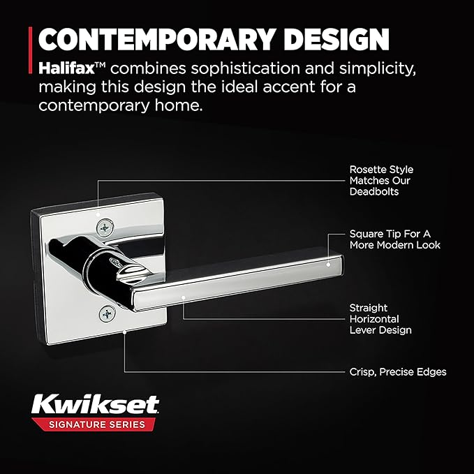 Kwikset Halifax Dummy Door Handle, Single Sided Lever for Closets, French Double Doors, and Pantry, Polished Chrome Non-Turning Reversible Interior Push/Pull Lever, Square Rose