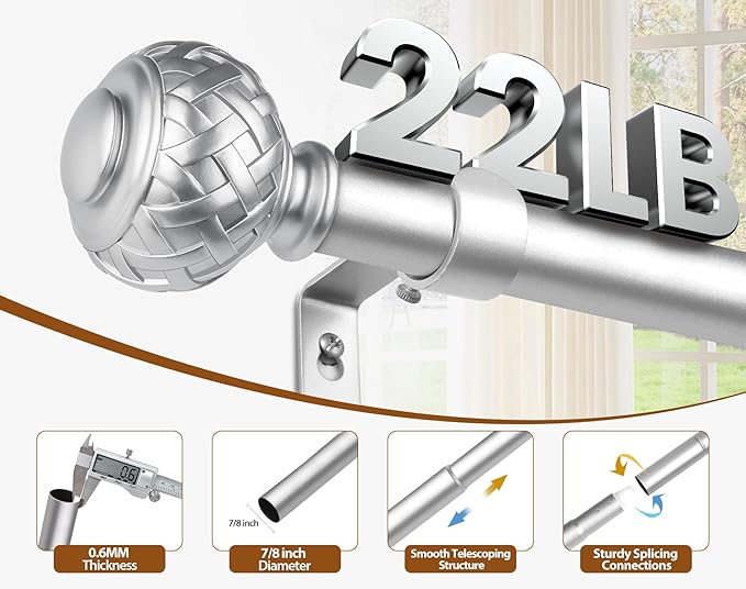 TONIAL Silver Curtain Rod 32 to 58 Inches, 7/8 Adjustable Curtain Rods for Windows 20 to 54 Inches, Splicing Drapery Rods Decorative with Netted Texture Finials