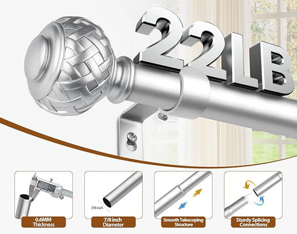 TONIAL Silver Curtain Rod 32 to 58 Inches, 7/8 Adjustable Curtain Rods for Windows 20 to 54 Inches, Splicing Drapery Rods Decorative with Netted Texture Finials