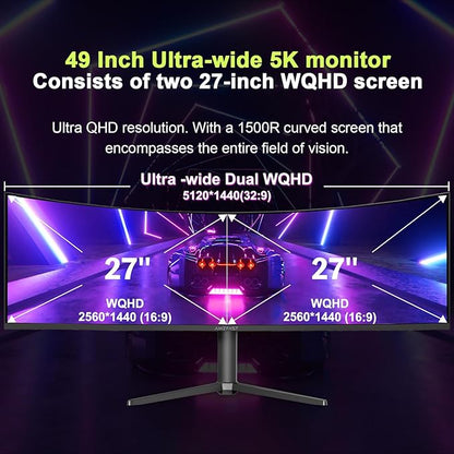 Amzfast 49 Inch Curved Monitor 120Hz DQHD 5120x1440p Ultrawide Gaming Monitor, 120% sRGB, 1500R, 1ms MPRT, HDR10, Adaptive Sync, PIP/PBP, Height Adjustable, HDMI 2.0/DP 1.4, VESA 75x75, AMZG49C7U