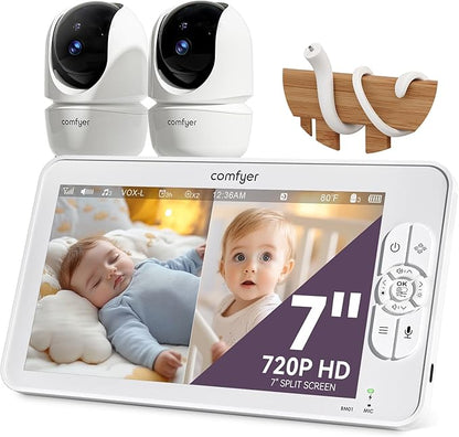 7" HD Split-Screen Baby Monitor with 2 1080P Cameras, 120 Hrs 6000mAh Battery Runs 5 Days in VOX Mode, No WiFi Monitor with a Flexible Bracket, 2 Way Audio, Remote PTZ, Auto Night Vision