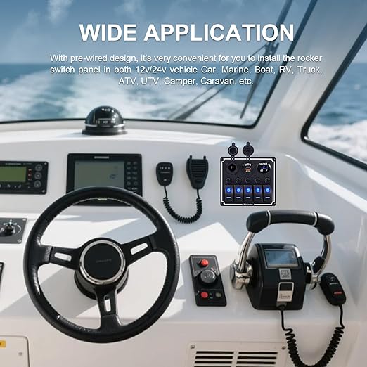 5 Gang Marine Boat Switch Panel with Dual USB Charger & Voltmeter, Waterproof Aluminum Rocker Switch Panel for Marine Automotive Truck RV Trailer with Lighter Socket Press Protector, 12/24V Black