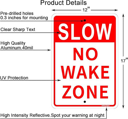 Joffreg Slow Down No Wake Zone Sign,17 x 12 Inches,Reflective Aluminum,UV Printed,Weather Resistant,Waterproof,Durable Ink,Easy to Mount,Outdoor Use,2 Pack