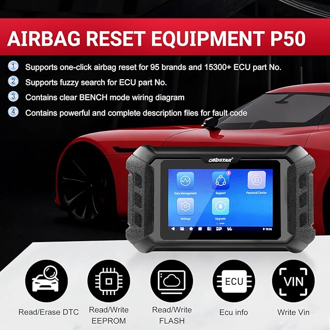 OBD2 Scanner P50 - SRS Airbag Reset Tool，2025 Car Scanner Support Battery Reset/SAS Reset, One-Click Airbag Car Diagnostic Tool Covers 95 Brands and 15300+ ECU Part No, Some MCU.