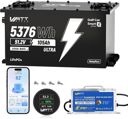 WattCycle 48V 105Ah Golf Cart Batteries, 48V Lithium Battery 250A BMS with 15A Charger, LiFePO4 Battery 15000+ Deep Cycles, IP65 Waterproof Marine Batteries, Built-in Bluetooth, Perfect for RV, Solar