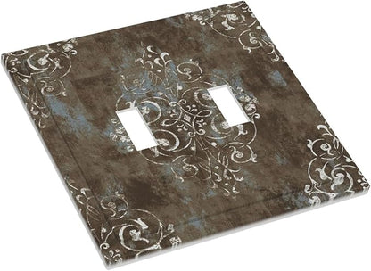 Gothic Vintage Abstract Brown Patterns Double Toggle Light Switch Covers 2 Gang Wall Plate Dual Decorative Switchplate Electrical Faceplate for Country Bathroom Bedroom Decor