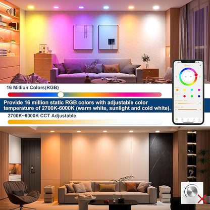 Smart Recessed Lighting 4 Inch RGBCW Color Changing 12W LED Downlight with Junction Box,1000 Lumen Recessed Ceiling Light Compatible with Alexa,Dimmable by Bluetooth Control -12Pack