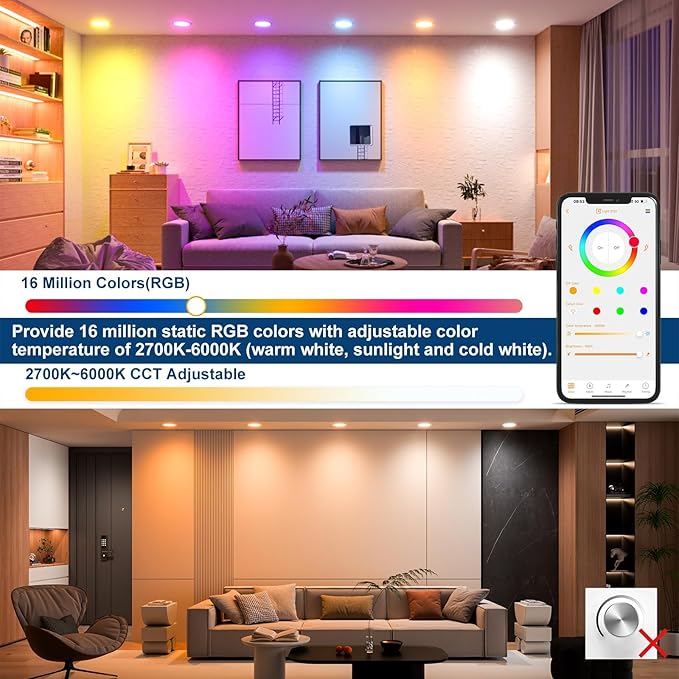 Smart Recessed Lighting 4 Inch RGBCW Color Changing 12W LED Downlight with Junction Box,1000 Lumen Recessed Ceiling Light Compatible with Alexa,Dimmable by Bluetooth Control -1Pack
