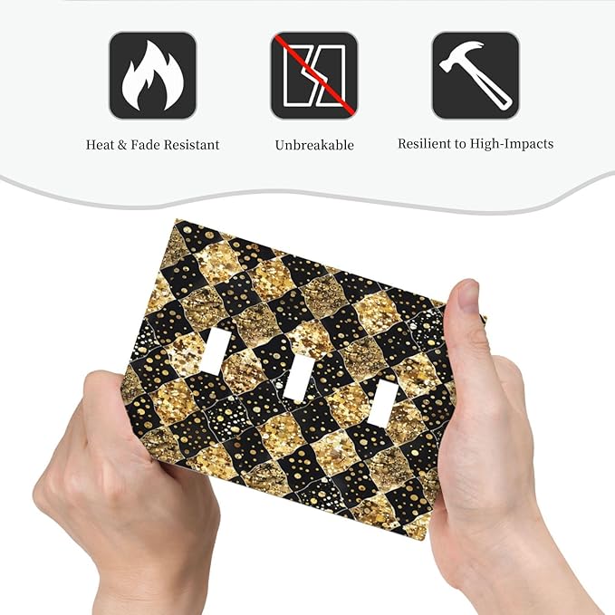 Gold Black Marble Geometric Plaid Glitter Decorative Switch Plates 3 Gang Wall Plate Triple Toggle Light Switch Cover Electrical Wall Panels Faceplate for Bedroom Bathroom Decor